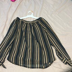 Off-the-Shoulder Long-Sleeve Striped Blue Blouse